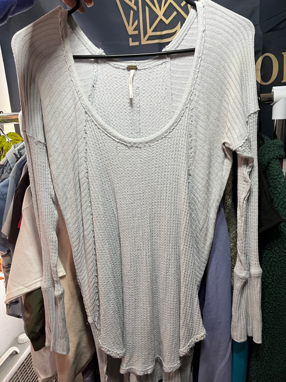 Free People Light Gray Waffle Knit Long Sleeve Top